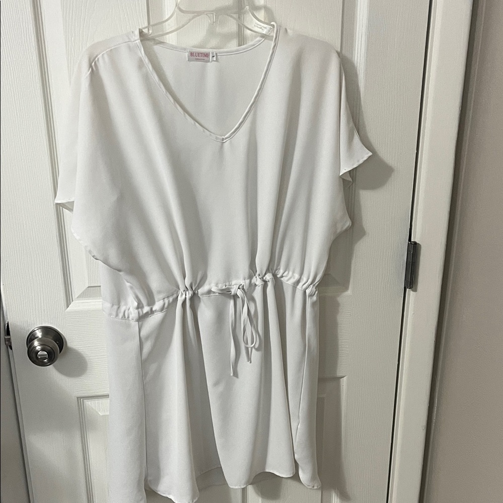White V-Neck Tunic swim cover with Drawstring Waist